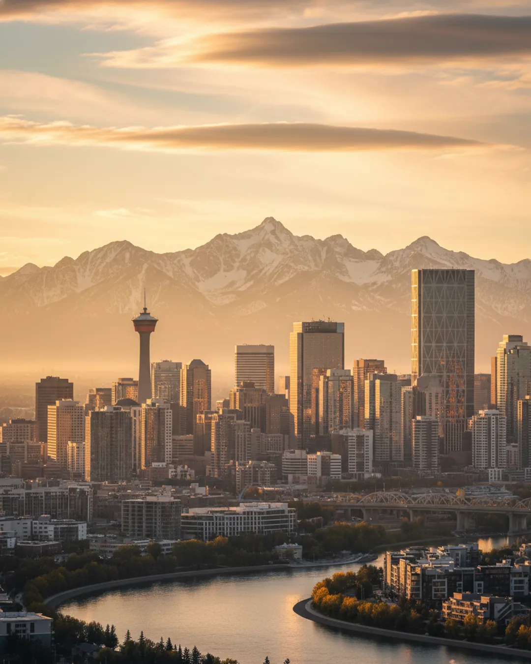Downtown Calgary skyline at golden hour with the Calgary Tower and the snow-capped Rocky Mountains behind the city — Big Fox Agency's local Calgary marketing team.