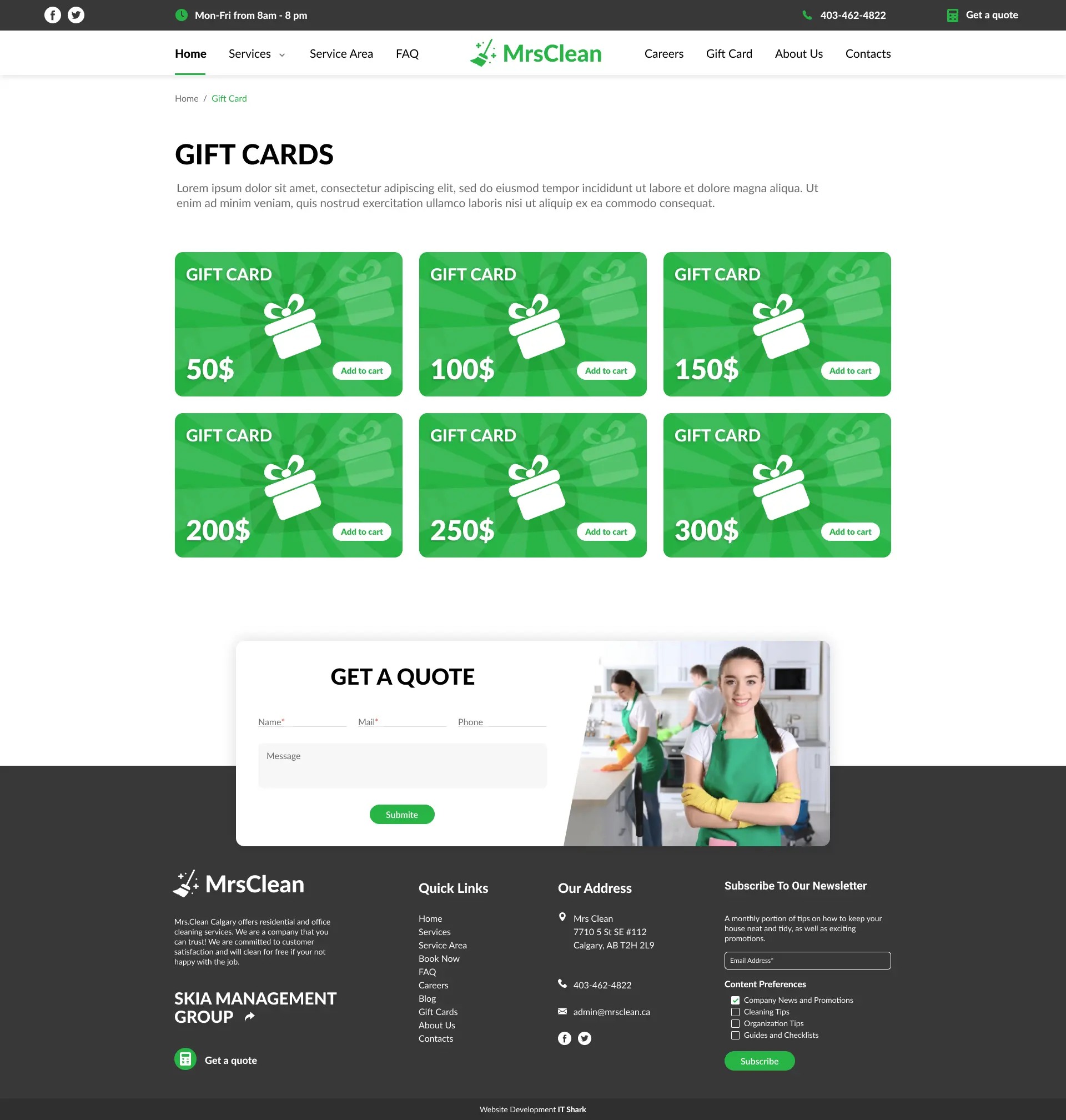 Mrs. Clean gift cards page — web design case study