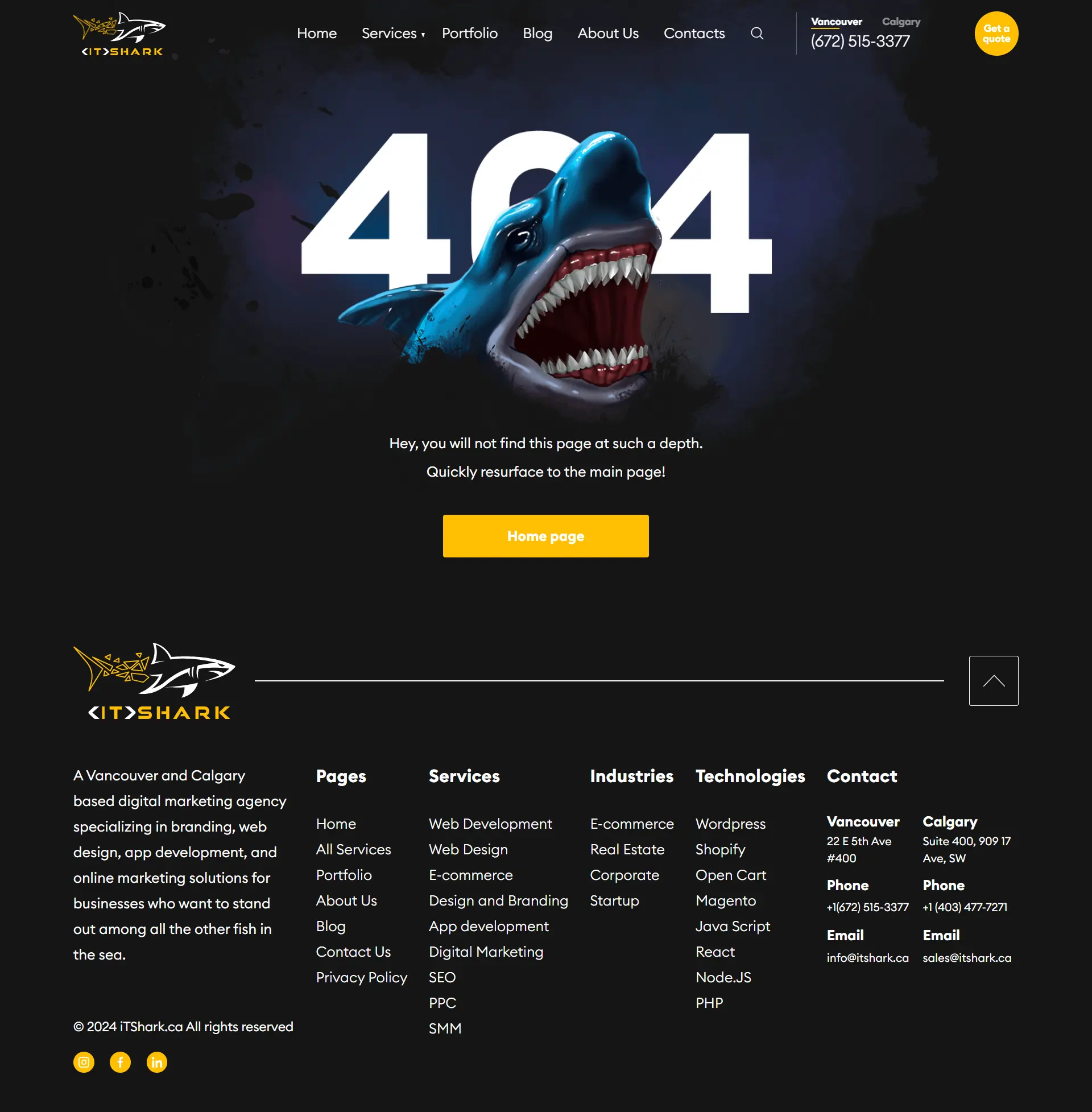 IT Shark custom 404 page — web design case study