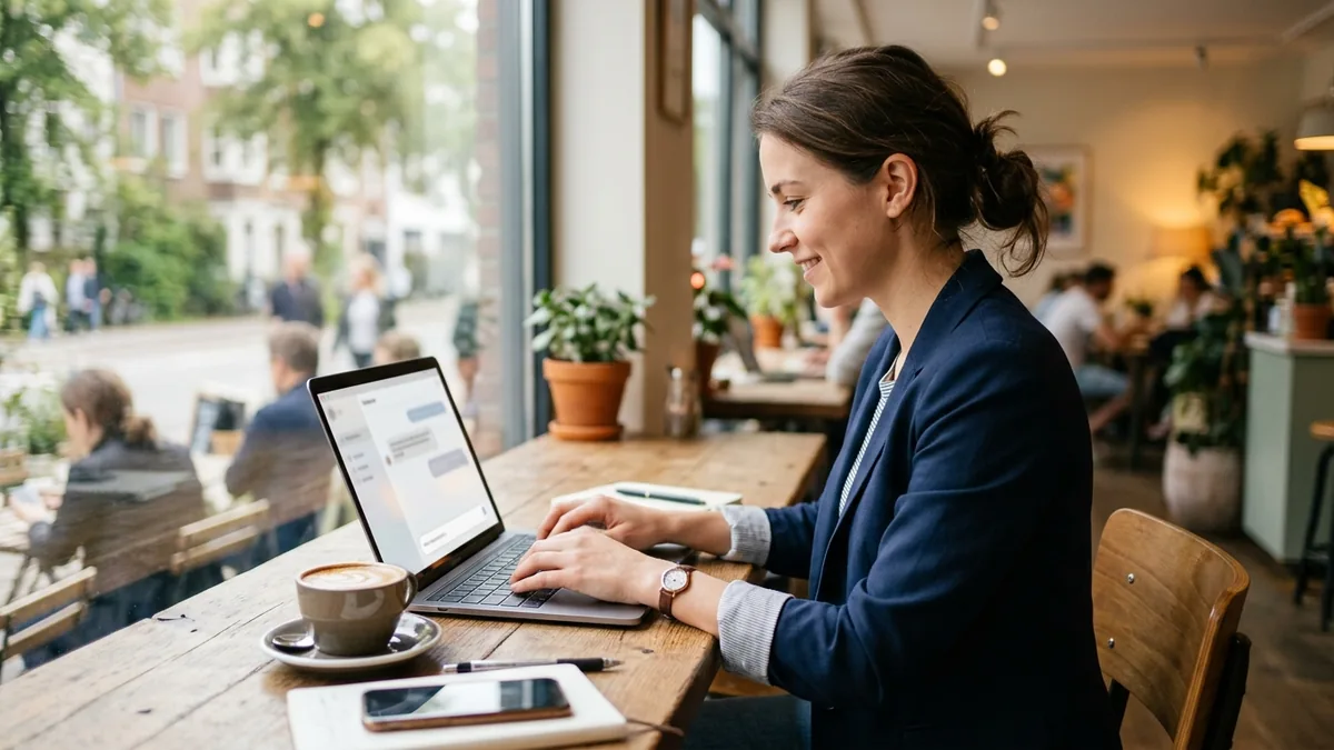 Showing up in AI search — a professional asking an AI assistant a question on a laptop in a cafe.