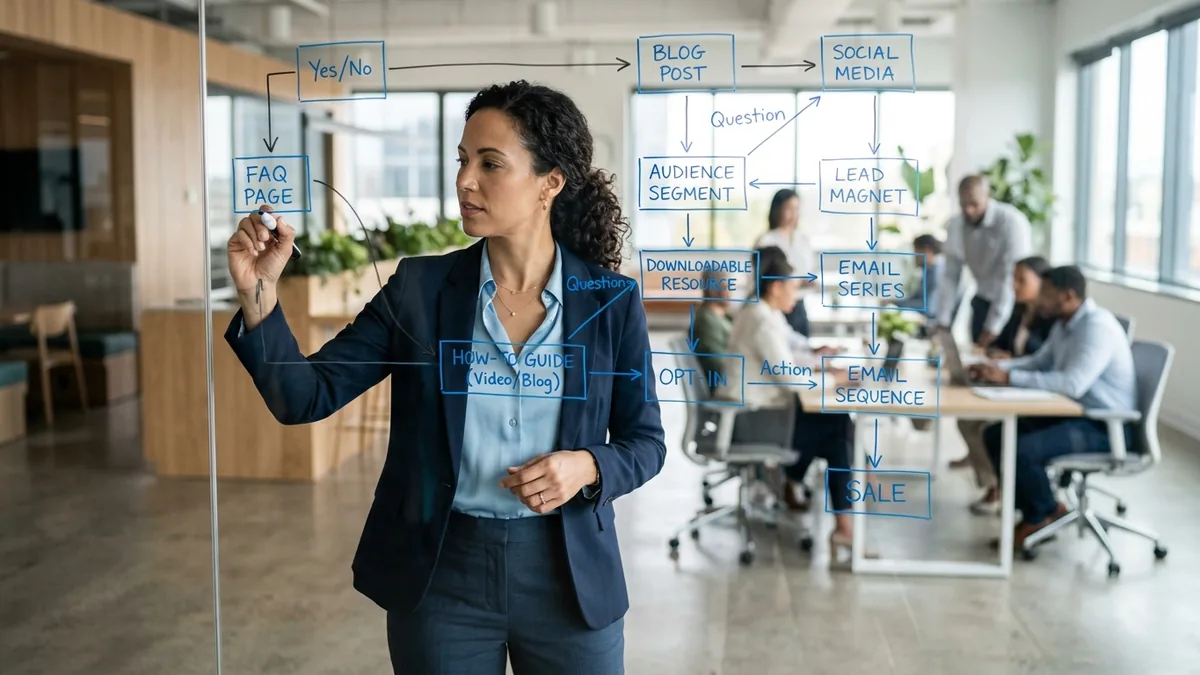A marketing strategist mapping content as clear questions and answers on a whiteboard.