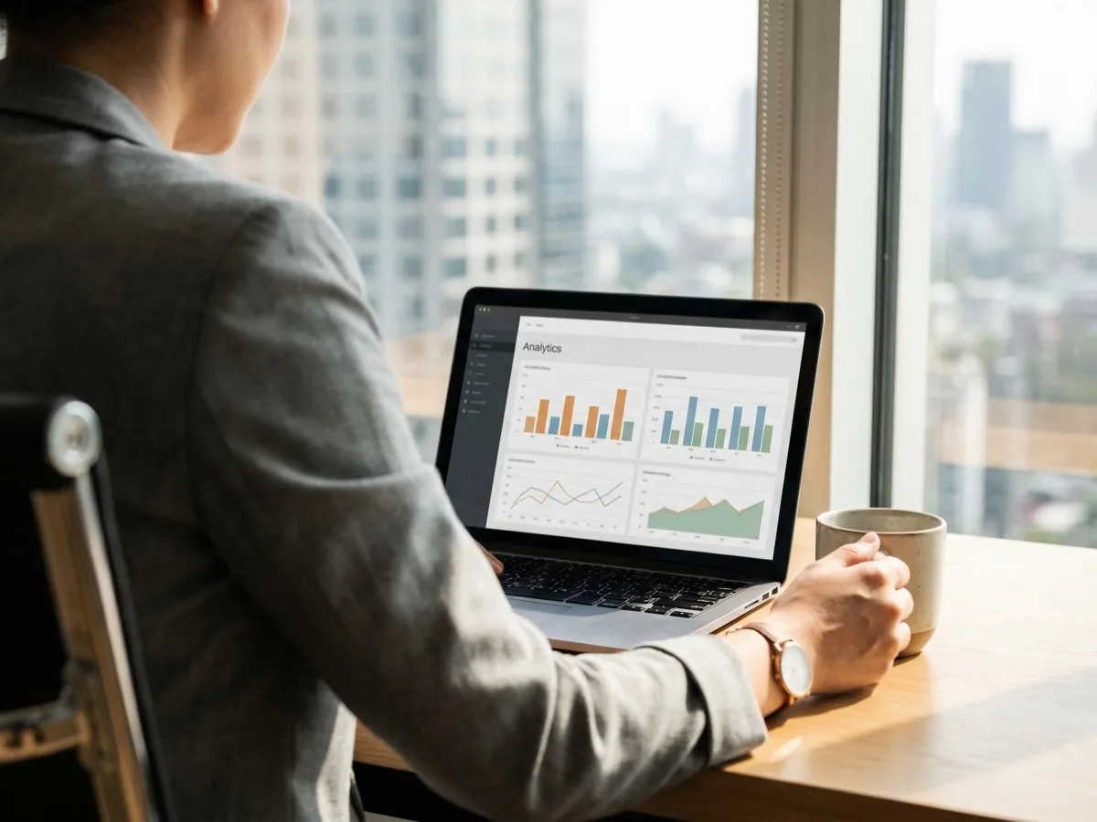 Analytics tracking in Canadian professional services — a firm owner reviewing a website analytics dashboard on a laptop.