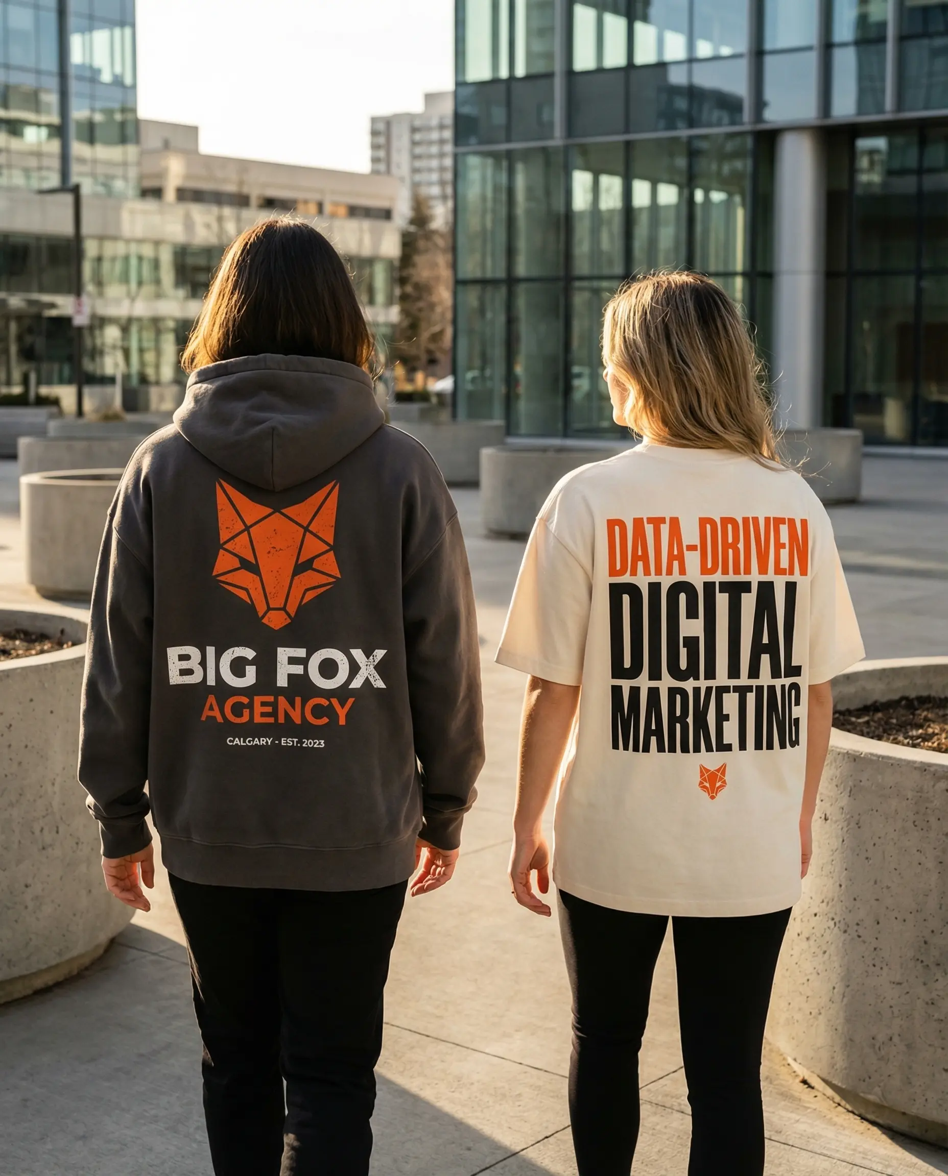 Two Big Fox Agency team members in downtown Calgary wearing branded Big Fox digital marketing apparel
