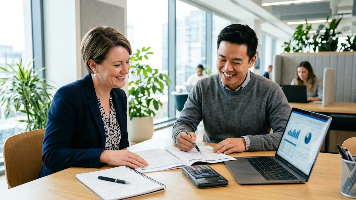 Marketing for accountants — an accountant advising a small-business client across a desk.