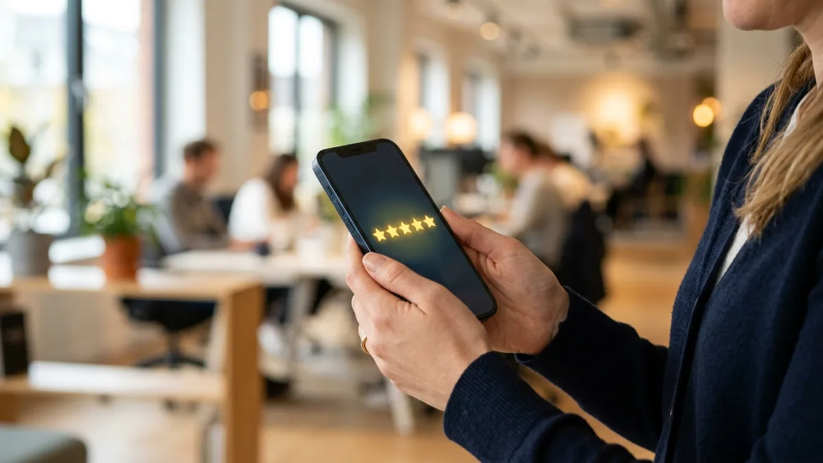 A smartphone showing five-star reviews for a local accounting firm.