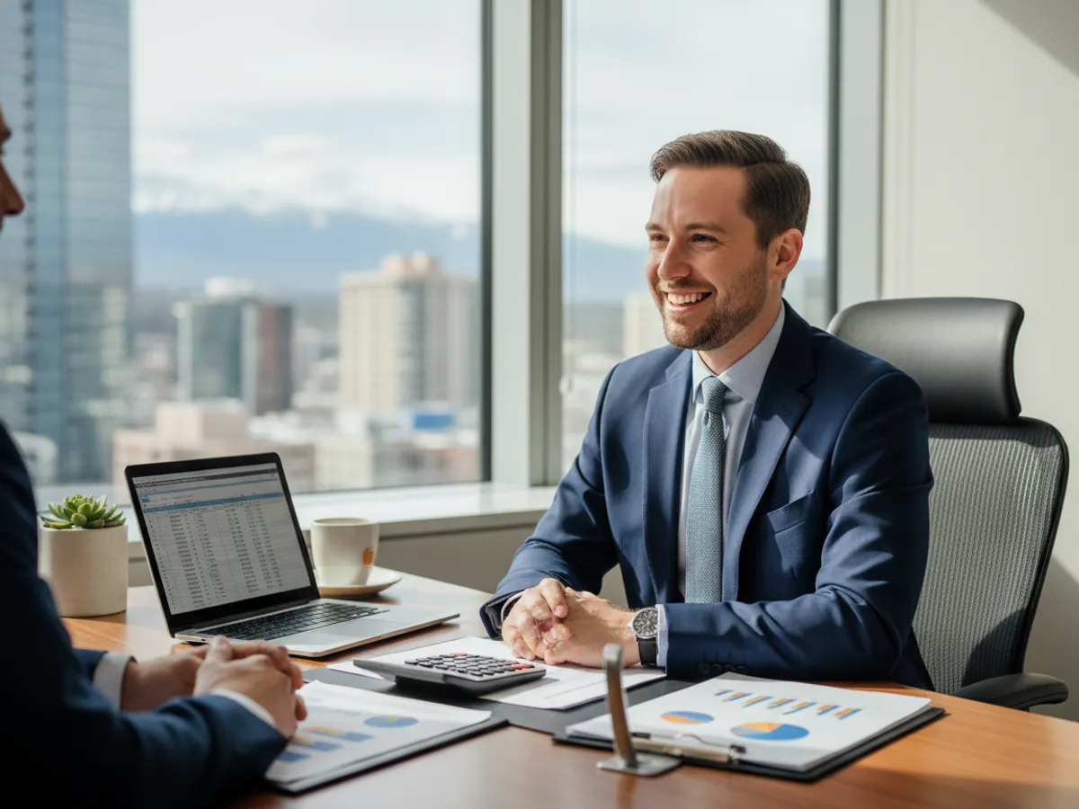 Marketing for accountants — an accountant advising a small-business client across a desk.