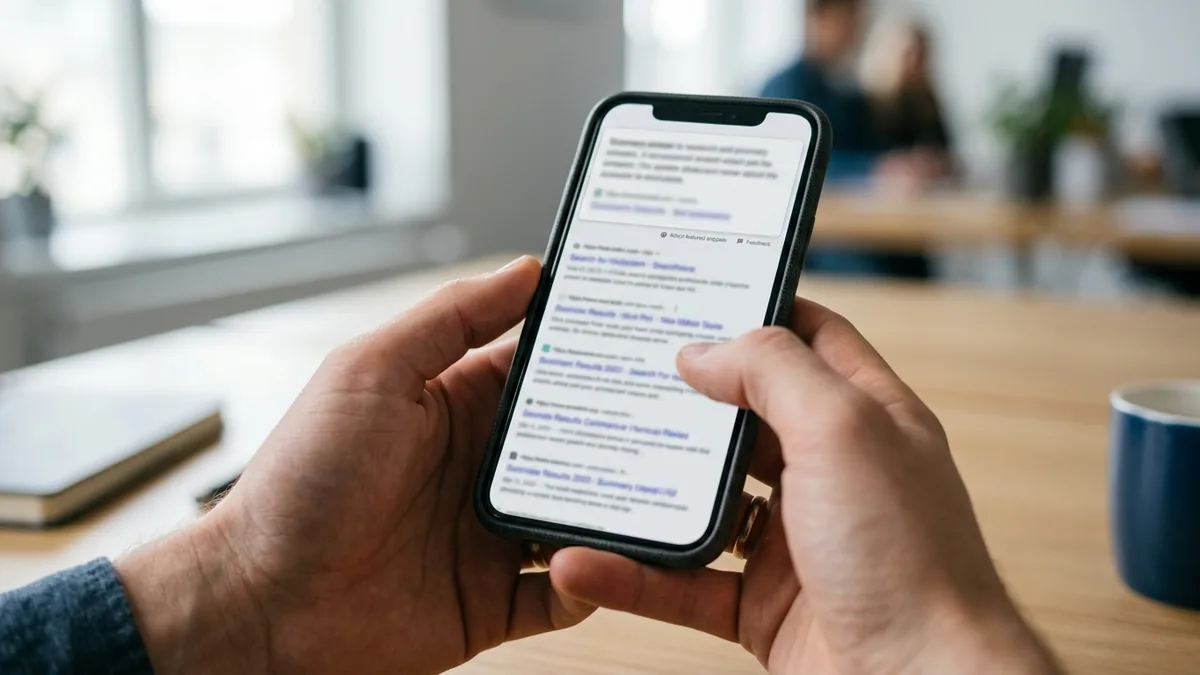 Google AI Overviews — an AI-written summary shown above the search results on a smartphone.