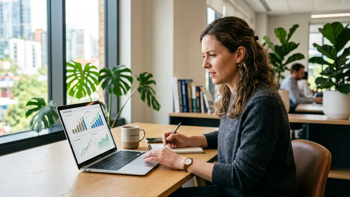 A small-business owner reviewing website traffic analytics on a laptop.