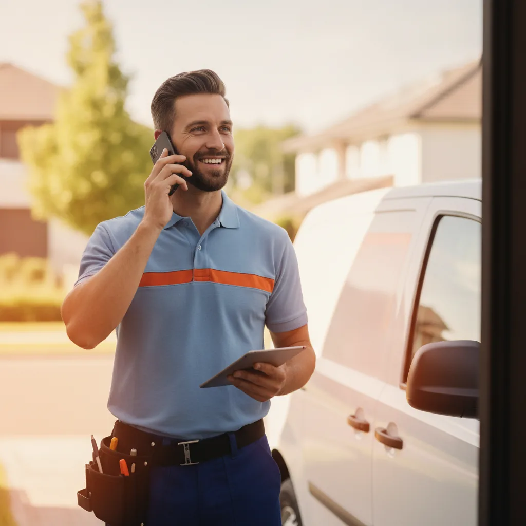 How to get more home service leads — a home service technician taking a booking call on a job site.