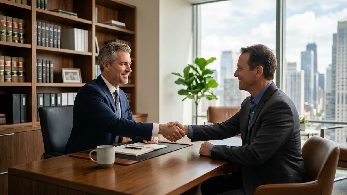 Calgary law firm marketing — a lawyer meeting a prospective client in a modern downtown office.