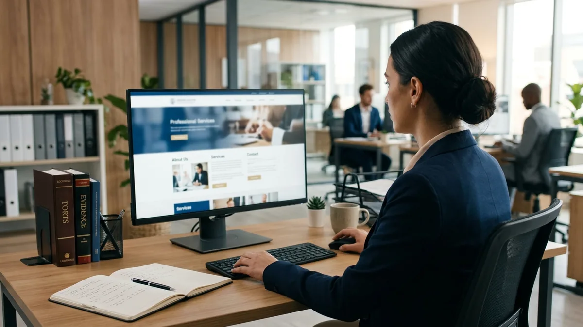 A law firm team member reviewing the firm's website on a desktop in a legal office.