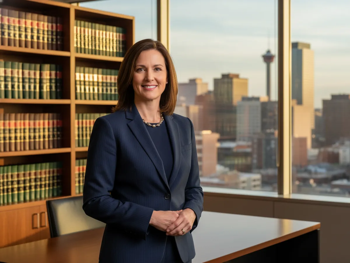 Calgary law firm marketing — a lawyer meeting a prospective client in a modern downtown office.
