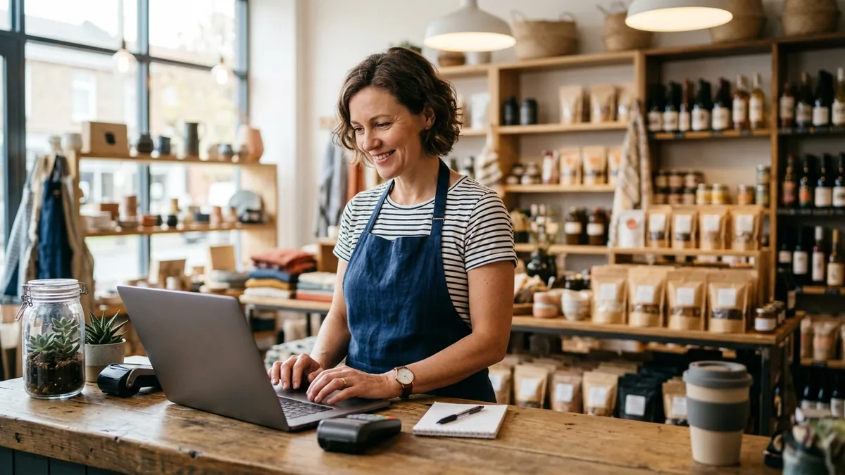 A local shop owner updating their Google Business Profile on a laptop at the counter.
