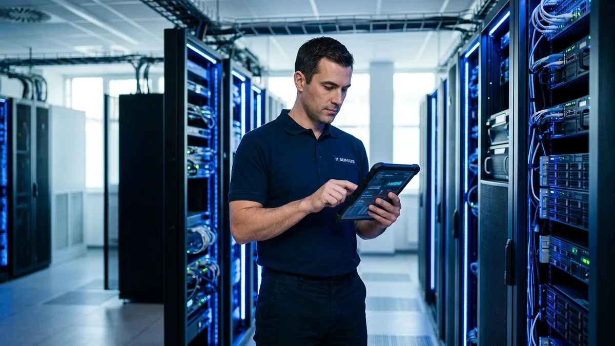 IT & MSP lead generation — a managed-services technician checking equipment in a server room.