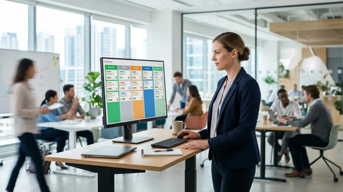A B2B marketing manager reviewing a sales pipeline on a large monitor in a tech office.