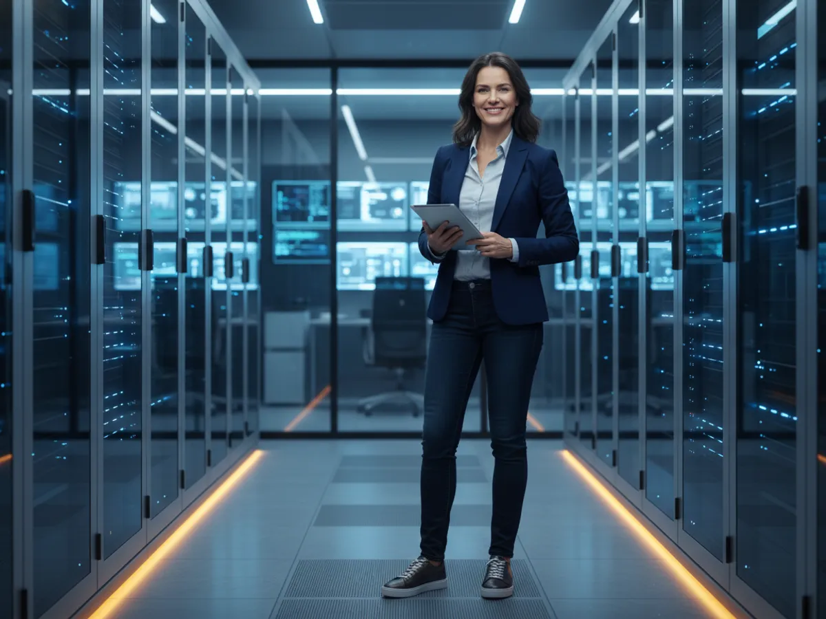 IT & MSP lead generation — a managed-services technician checking equipment in a server room.