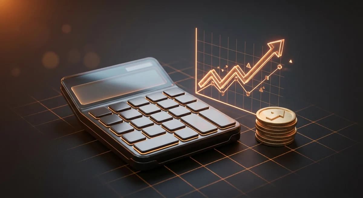 Website revenue calculator — a calculator with a rising revenue chart and gold coins