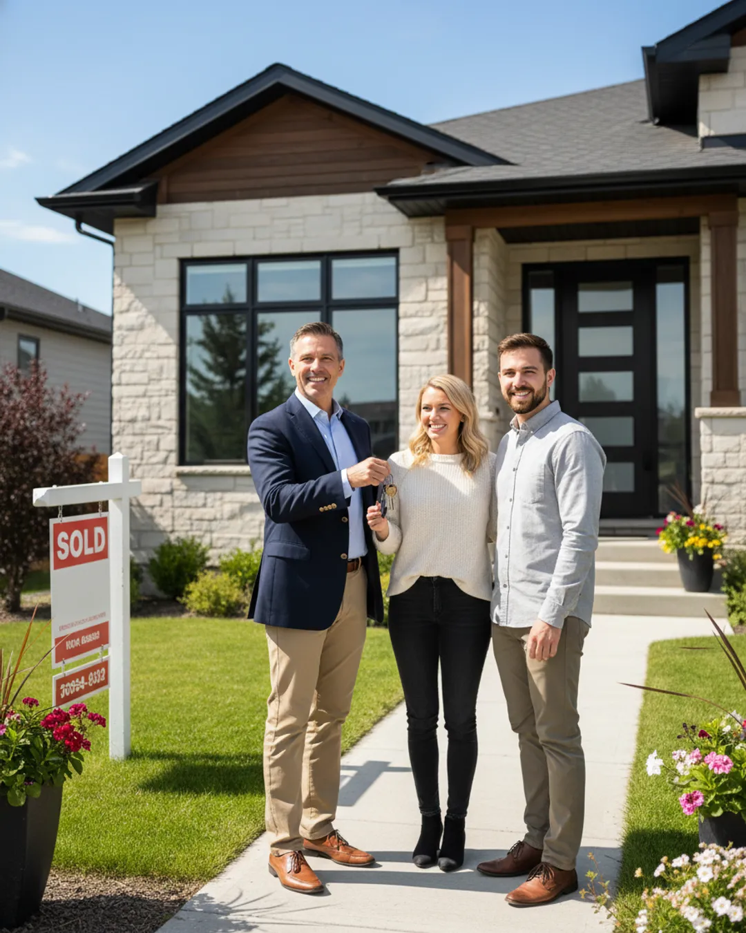 Real estate marketing in Calgary — a realtor handing keys outside a Calgary home.