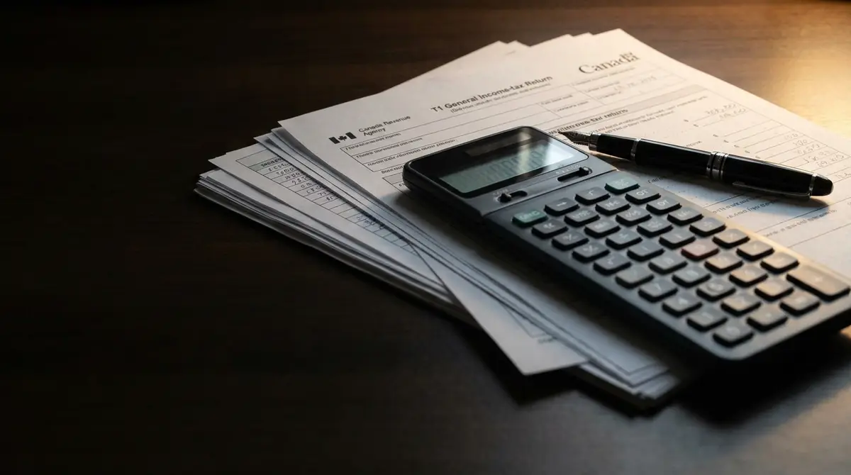 Google Ads for accountants in Calgary — a Canadian T1 tax return, calculator, and pen on an accountant's desk during tax season.