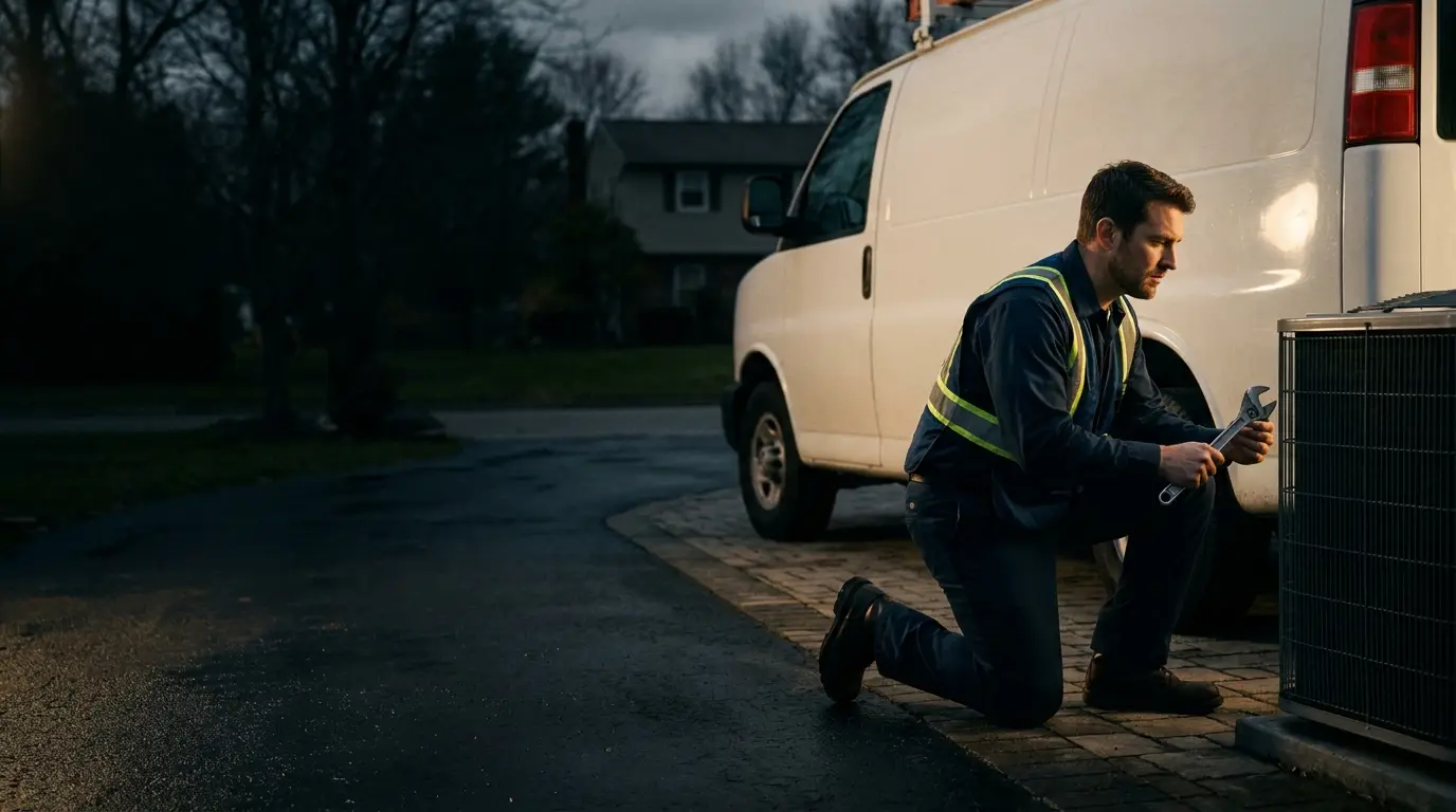 Google Ads for contractors in Calgary — an HVAC technician and service van on a home-services job.